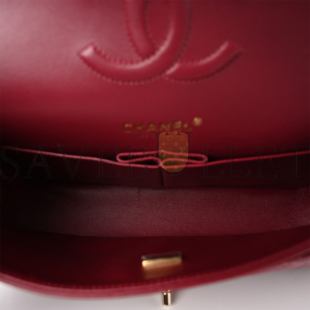 Ch*el calfskin quilted medium double flap dark red rose gold hardware (25*15*6cm)